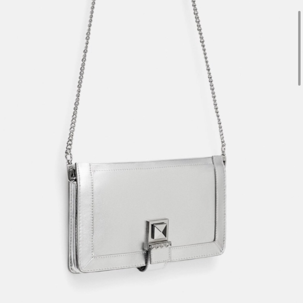ZARA CROSSBODY WALLET BAG STUDS SILVER CHAIN FAUX VEGAN LEATHER NEW WITH TAGS